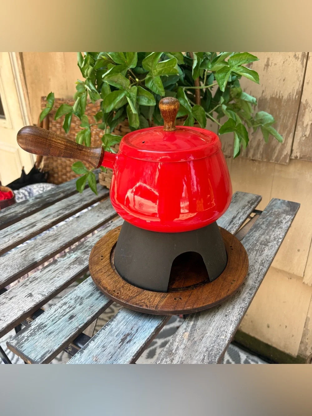 Vintage Japan Red Enamel Fondue Pot Serv Wood Hardwood Base MCM